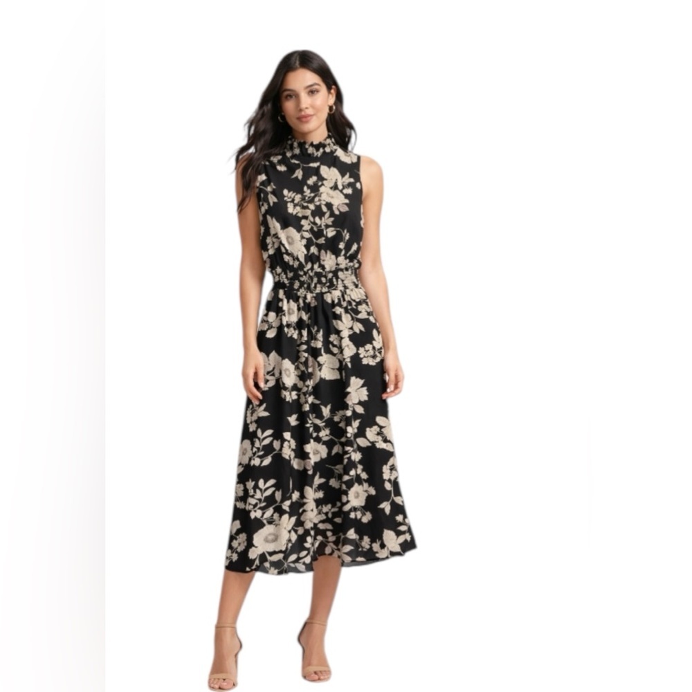 Nanette Lepore Black and Cream Floral Midi Dress